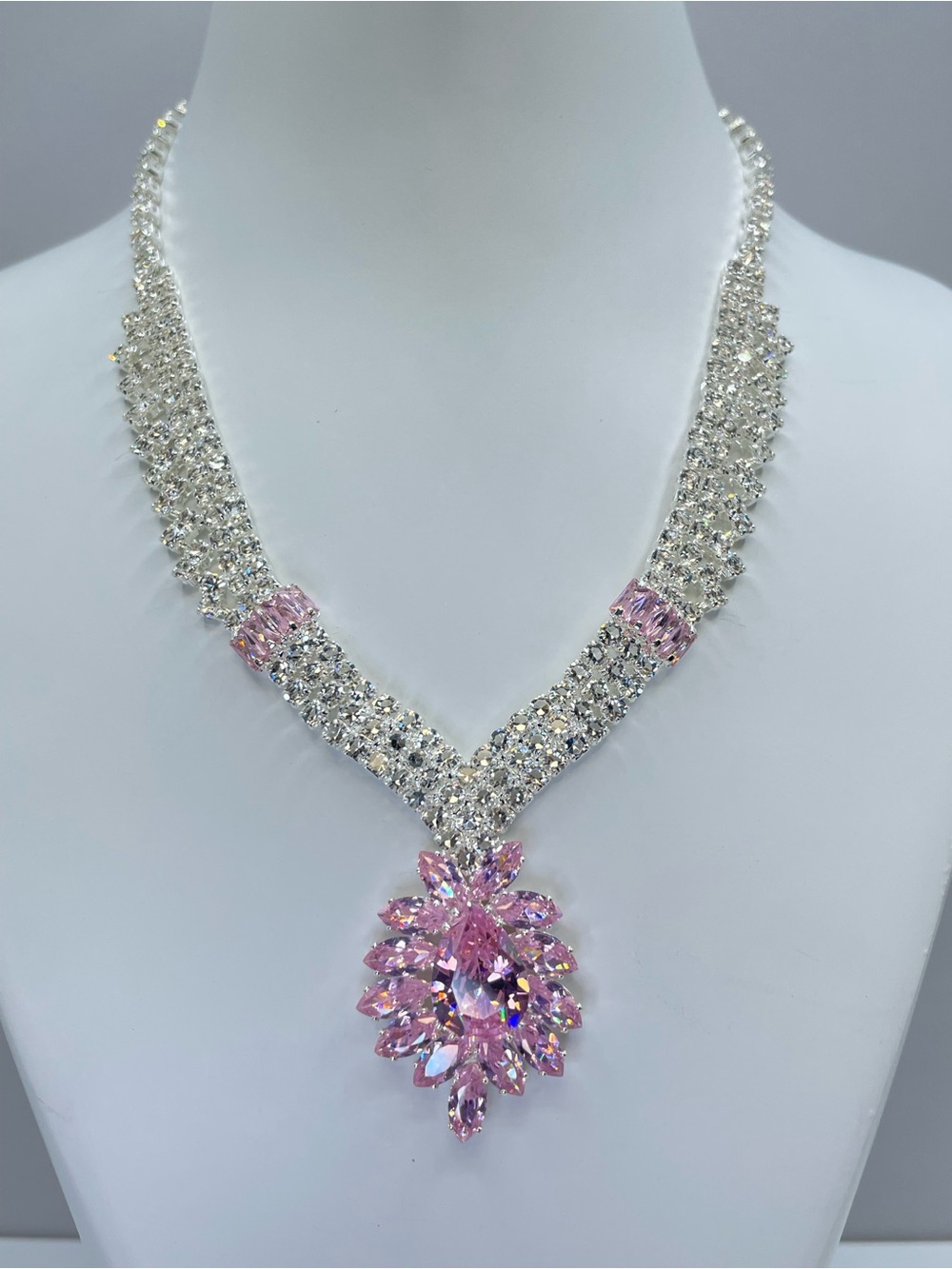 Swarovski Crystal Elements Pink White Crystal Statement Tennis Drop Necklace